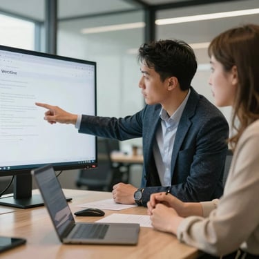 Professional in business casual attire pointing at a screen during a collaborative meeting in a modern Australian office.