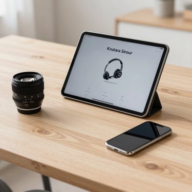 A digital workspace with a tablet and a smartphone on a light wooden table, bright and friendly Estonian interior design, representing modern tech support.