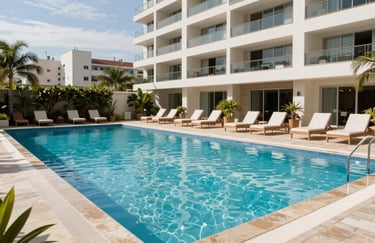 Clean and bright photography of a sophisticated swimming pool and lounge area of a Brazilian high-end apartment building.