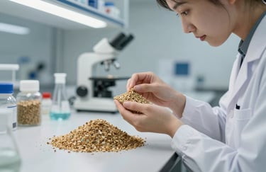 A clean, modern laboratory setting where a specialist is inspecting granular fertilizer samples under bright lighting. The composition is minimal and professional, emphasizing quality control and scientific precision.
