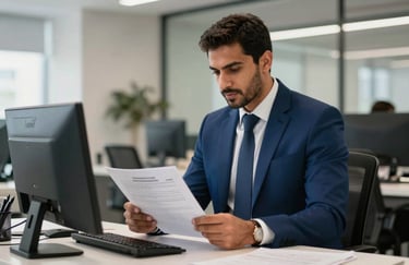 A professional logistics manager in a modern Middle Eastern / Egyptian with Global Reach office, dressed in a Deep Ocean Blue suit, reviewing shipping documents.