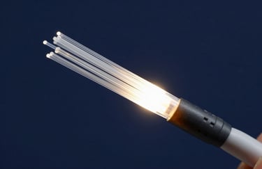 Macro photography of a sleek fiber optic cable glowing with light, symbolizing modern telecommunication efficiency, navy blue background.