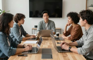 A group of diverse professionals in a North American / US creative studio engaged in an efficient team meeting.