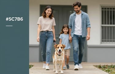 A happy family walking out of an animal shelter with their newly adopted dog, warm lighting, conveying trust and hope, accented with #5C7B6C.