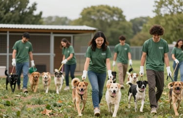 A group of enthusiastic volunteers cleaning outdoor kennels and walking dogs, displaying teamwork and compassion, in tones of #2E473C and #5C7B6C.