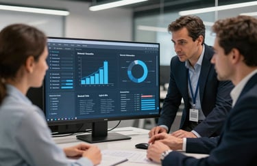 A team of professional consultants in a North American / Global Turkish tech hub reviewing brand analytics on a sleek screen. The mood is focused and trustworthy, with Dark Slate Navy and Soft Steel Blue accents.