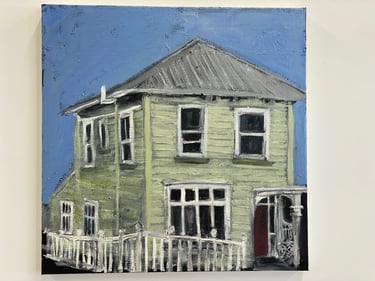 Impressionist oil painting of a two-story green house with a white fence against a blue sky.