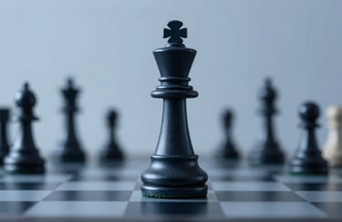 A conceptual image of a chess piece (the King) standing tall on a reflective dark surface. Professional lighting emphasizing texture and weight. Palette: #0F1C2E and #8DA9C4.