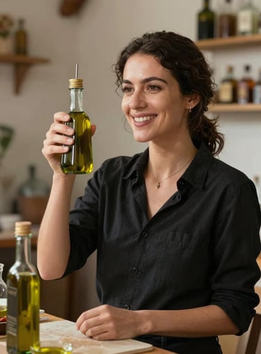 A professional woman with a warm, authoritative smile holding a glass of olive oil for tasting in a Mediterranean / Spanish / Andalusian workshop.