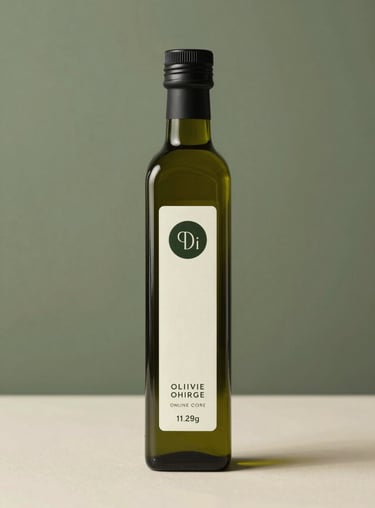 Modern minimalist packaging for a luxury food brand featuring olive oil, shot with soft studio lighting in olive green and cream tones.