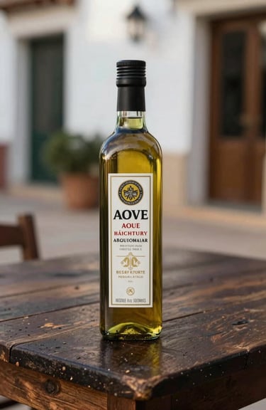 A premium bottle of AOVE on a rustic dark wood table, soft morning light in a Mediterranean / Spanish / Andalusian setting.