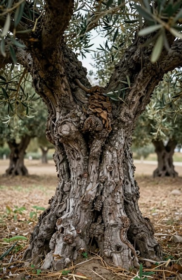 Detailed texture of an ancient olive tree trunk in the Mediterranean / Spanish / Andalusian countryside.