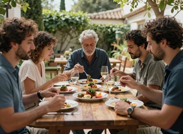 A group of people enjoying a gourmet meal outdoors in a Mediterranean / Spanish / Andalusian garden setting.