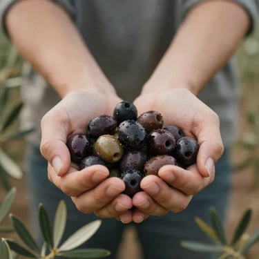 Close up of hands holding a handful of ripe, dark olives in a Mediterranean / Spanish / Andalusian field.