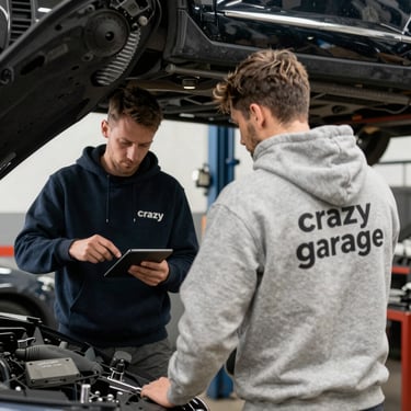 Detail of a high-tech soldering station for micro-electronics repairs on a car ECU. Precision instruments and bright, clean lighting in a Southern European / Italian professional lab.