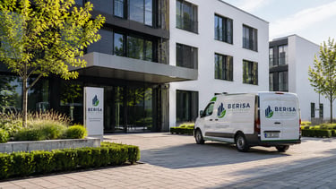 BERISA Facility Services Transporter vor einem modernen Bürogebäude