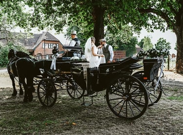 Brautpaar steigt nach der Hochzeit in eine festlich geschmückte Pferdekutsche im Grünen