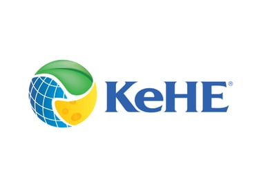 KeHE logo featuring a blue wordmark and a globe icon with green leaf and yellow cheese elements.