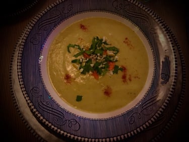 Cream of Asparagus Soup in Courier & Ives Blue Winter Scene Soup Bowl.