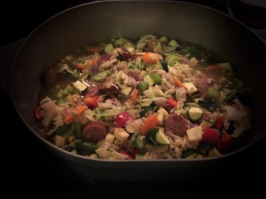 Sausage, Veggie, Rice Stew in Dutch Oven