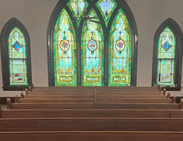 Moran KS United Methodist Church Pews and Stained Glass