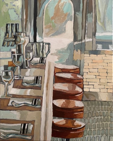 A painting of the counter at a classic diner