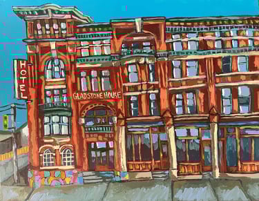 A painting of the historic Gladstone Hotel on Queen Street in Toronto
