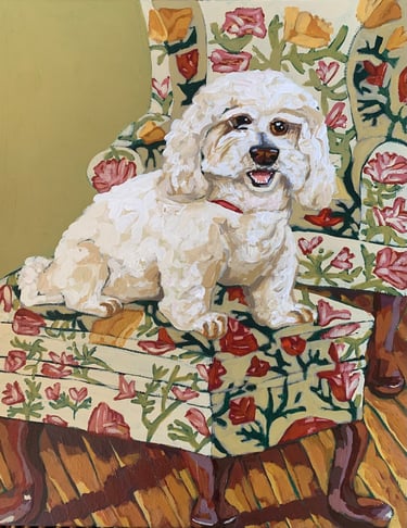 pet portrait of a dog with a pretty footstool