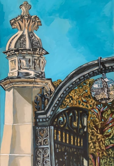 A painting of a mirror ball hanging on the iconic gates of Trinity Bellwoods Park in Toronto