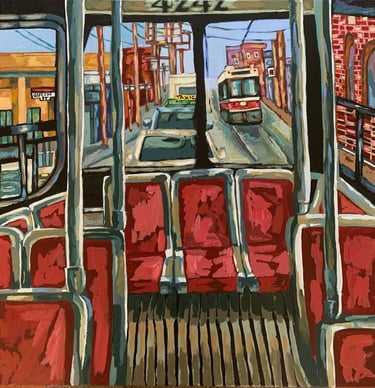 A painting of the toronto streets as seen from inside a TTC streetcar