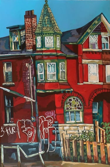 A painting of a Queen Ann style Victorian house in Toronto's Kensington Market