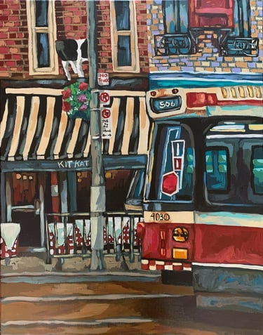 A painting of a TTC streetcar in front of the Kit Kat restaurant on King St in Toronto