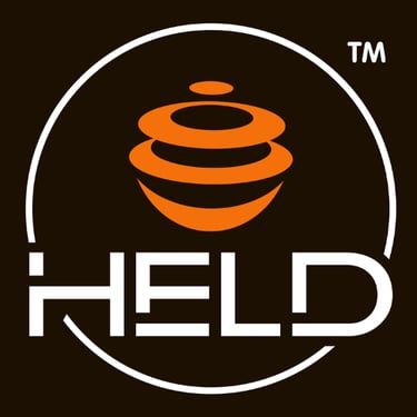 HELD logo featuring an orange stacked ring icon inside a white circle on a dark background.