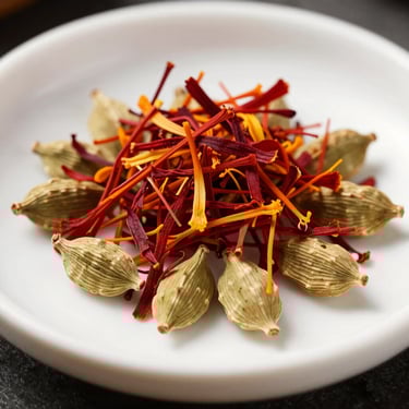 Macro photography of vibrant organic spices like saffron and cardamom pods on a white ceramic tray, sharp focus, clean composition.