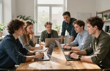 Photography of a diverse group of tech experts collaborating around a wooden table in a sun-drenched Eastern European / Ukrainian studio. Professional and approachable mood.