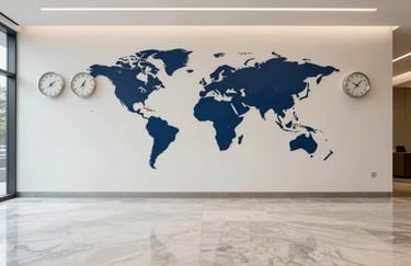 A minimalist, high-end South Asian corporate lobby with polished marble floors and a feature wall displaying global clocks. The aesthetic is clean, professional, and reflects global efficiency with off-white and dark blue tones.