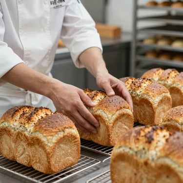 A close-up shot of professional bakers' hands carefully arranging fresh loaves of bread on a cooling rack, golden-brown crusts visible, professional bakery environment.