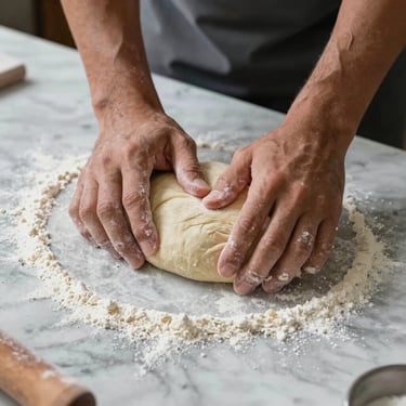 Detailed shot of artisanal dough being kneaded on a flour-dusted marble surface, hands visible in a professional kitchen, South American / Brazilian setting.