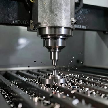 Interior view of a five-axis CNC machine during a finishing pass. Metal chips are flying in a blur of motion, captured with high-speed photography in a professional Spanish workshop.