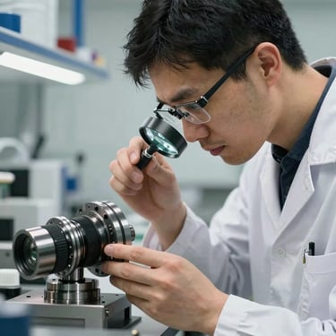 A close-up of a skilled technician in professional industrial attire inspecting a machined part with a magnifying glass in a bright European laboratory setting.