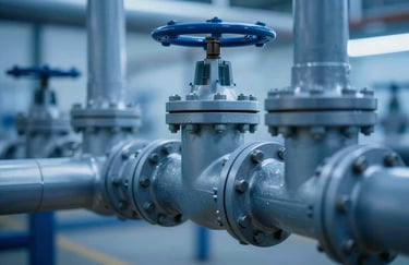 An abstract close-up of high-quality industrial pipes and valves, symbolizing technical reliability, professionally lit, blue tones.