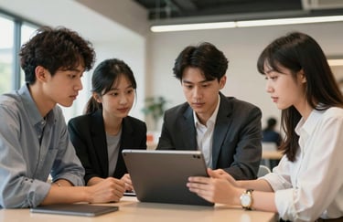A group of young professional students in smart casual attire having a discussion around a large tablet in a bright, contemporary common area.