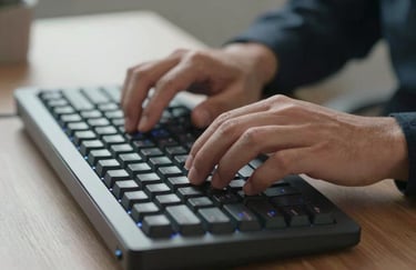 A close-up of a person's hands typing on a modern mechanical keyboard with subtle blue backlighting in a professional office setting in the US.