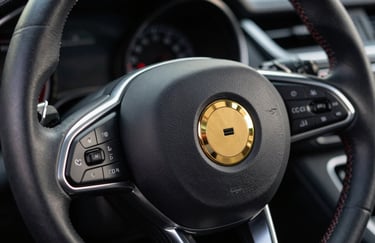 A high-performance luxury car steering wheel with a gold logo against a dark leather background, symbolizing speed and premium status.