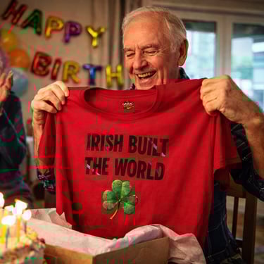 Smiling senior man opening an Irish built the world birthday gift t-shirt with a shamrock.