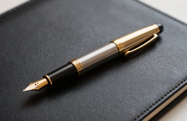 Close-up of a high-quality gold fountain pen resting on a dark leather-bound document folder. Soft lighting highlights the refined texture and sense of formal agreement.