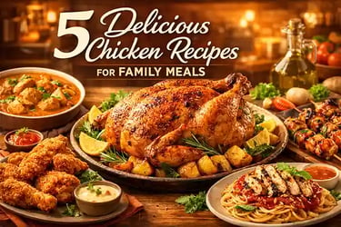A spread of five delicious chicken recipes for family meals including roasted chicken, skewers, and pasta.