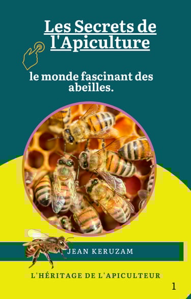 photo d'abeilles sur un cadre de ruche .Couverture d' e-book( les secrets de l'apiculture)