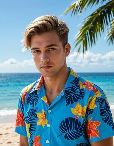A man in a blue shirt on the beach