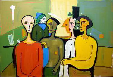 An abstract painting of a group of people standing together